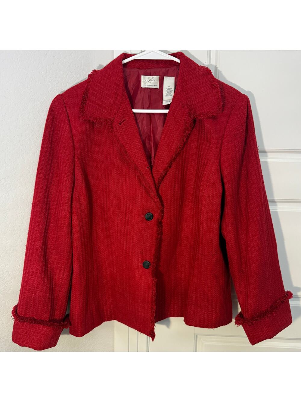 Vintage Emma James Liz Claiborne Red Textured Fringe Trim Blazer Jacket Size 12